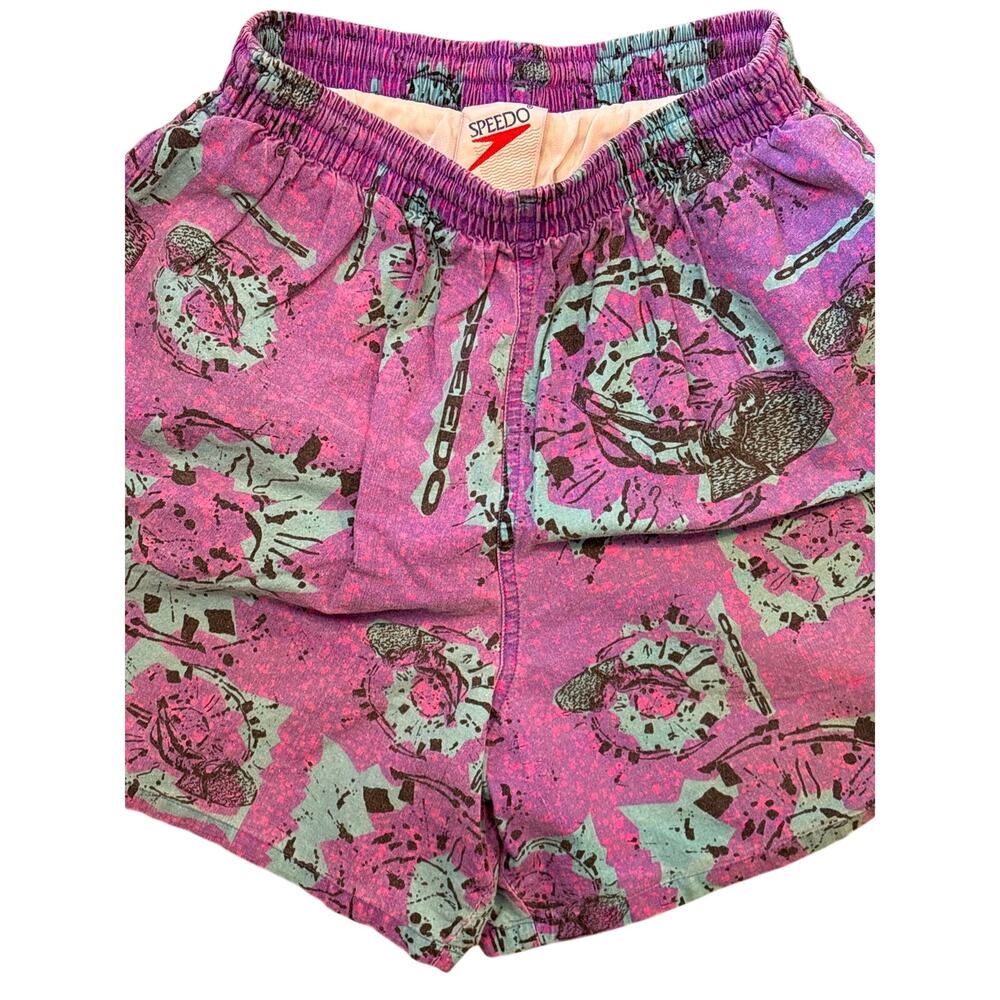 Vtg 80s Speedo graphic Purple Blue Surf Wake Board Medium Swim Trunks Shorts - Picture 2 of 8